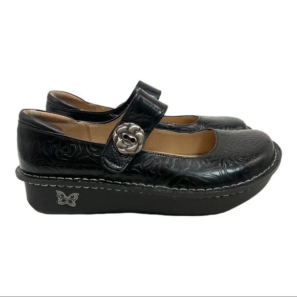 Alegria Shoes - Alegria by PJ Lite Paloma Black Leather Rose Print Maryjane Comfort Shoes